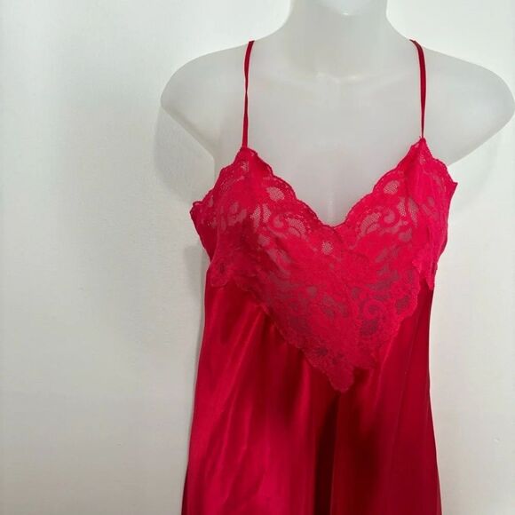 Vintage Victoria’s Secret Y2k Silky Slit Red Maxi Slip Dress Rosette Lace Medium - Picture 3 of 8